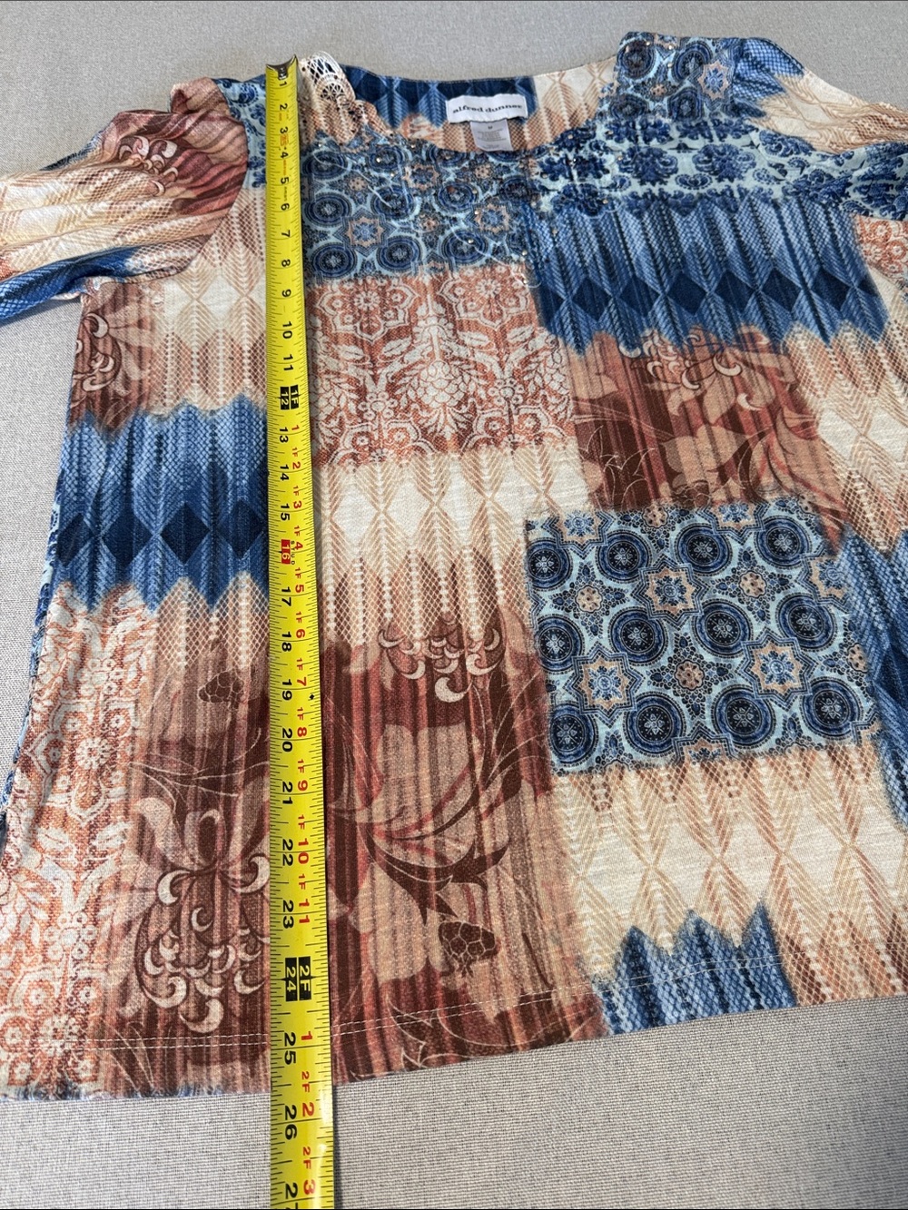Alfred Dunner Blue and Tan Patchwork-Print 3/4 Sleeve Tunic SZM - Picture 9 of 13